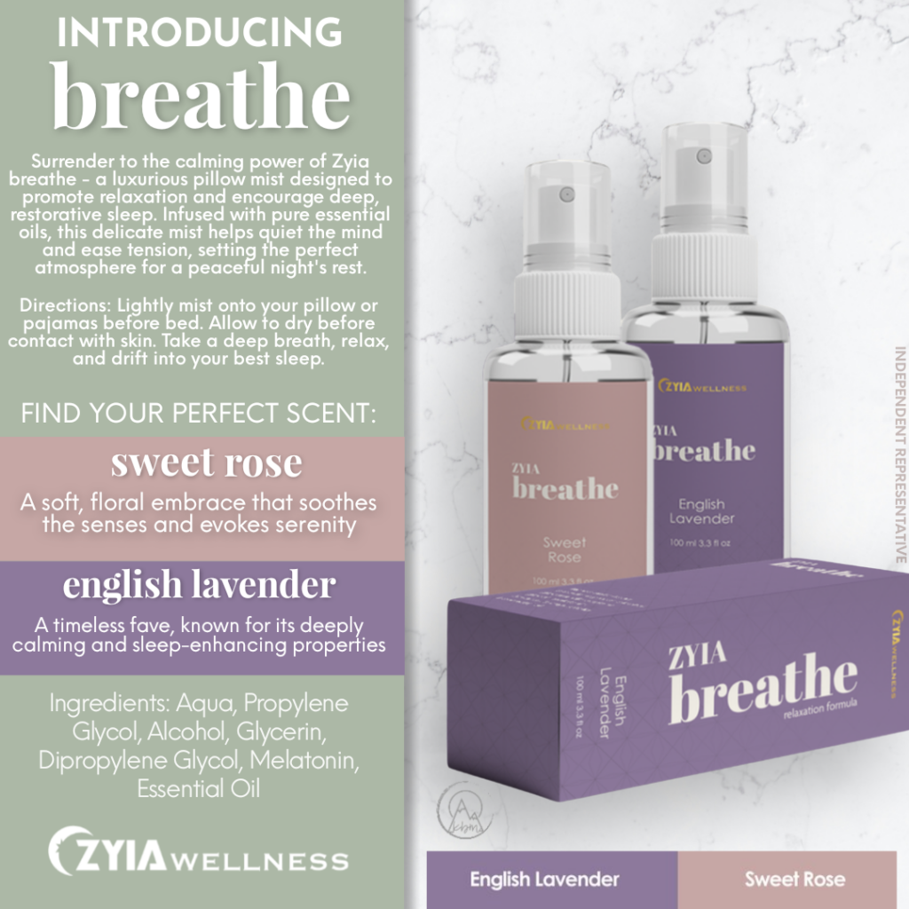 Zyia Breathe spa and self-care product information.