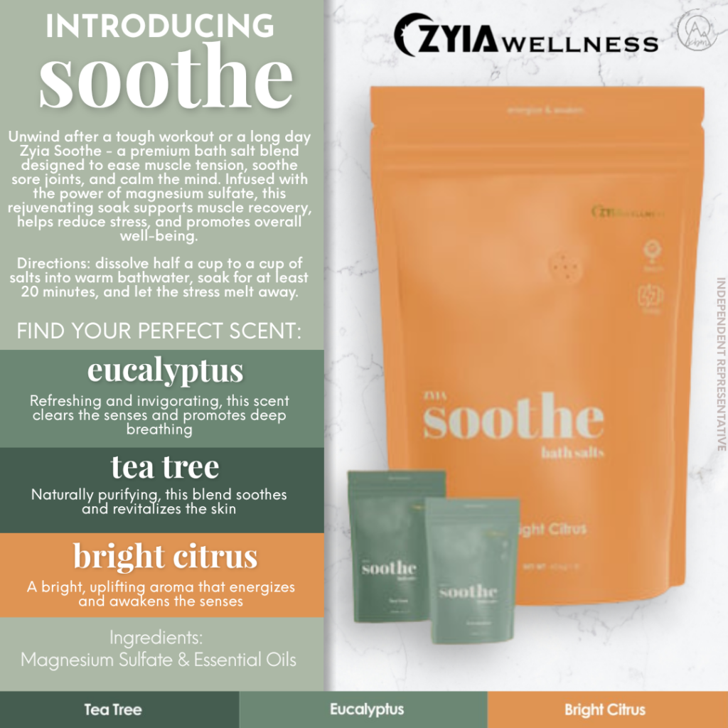 Zyia Soothe spa and self-care product information.