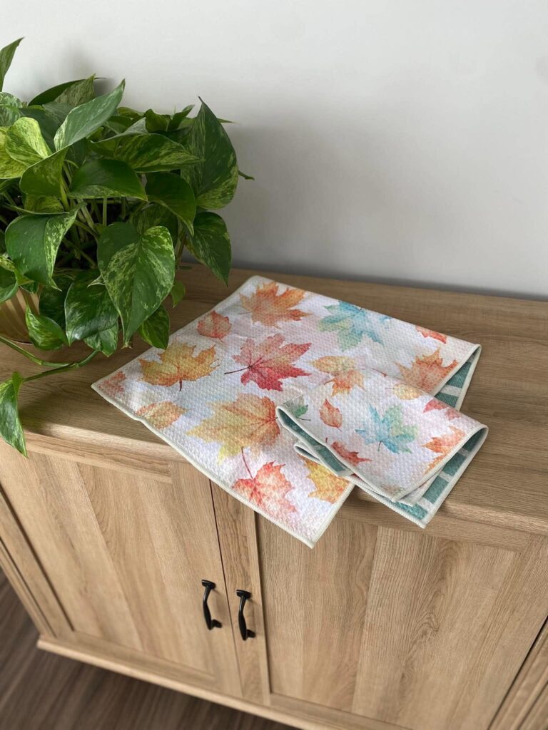 Lifestyle example of a Norwex tea towel and napkin styled in an entryway